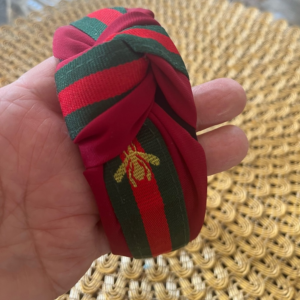 Striped Red & Green Knot Headband with Embroidered Bee
